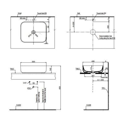 Thông số chậu rửa mặt Lavabo Kobe Hafele 588.79.079