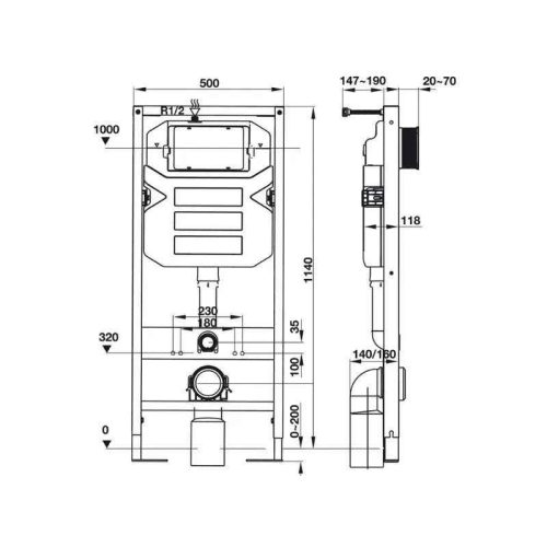 Thông số két nước âm Mechanical 1140 Hafele 588.73.920