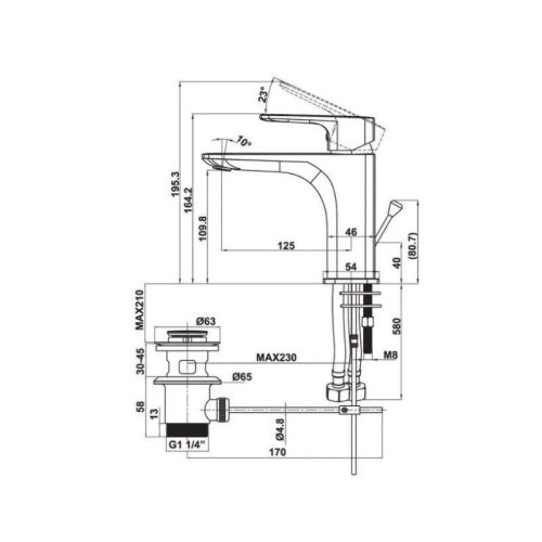 Thông số vòi trộn Kobe có xả kéo 100 Hafele 589.15.001