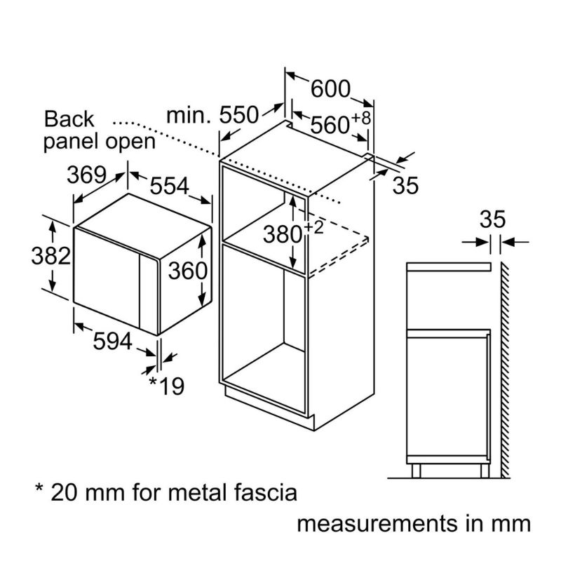 Kích thước lò vi sóng âm tủ 25L Bosch BFL553MS0 Kích thước lò vi sóng âm tủ 25L Bosch BFL553MS0