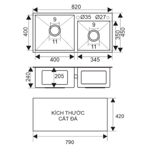 Kích thước chậu rửa Sevilla SV-8245L