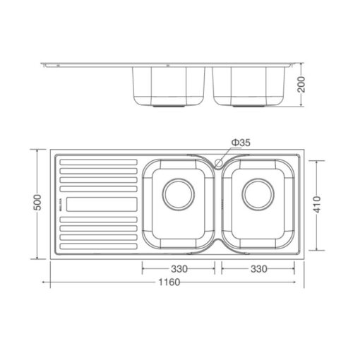 Kích thước chậu rửa bát Malloca MS 1025L New ( Cánh trái)