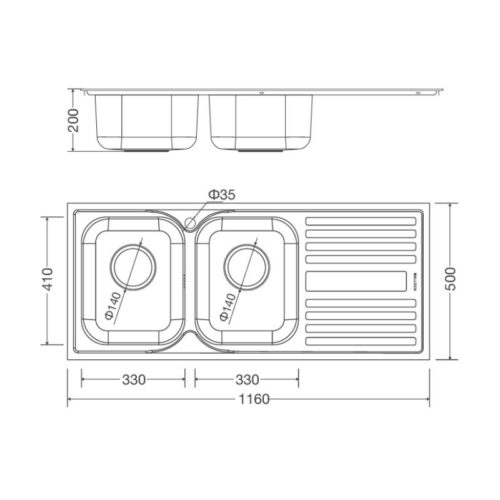 Kích thước chậu rửa bát Malloca MS 1025R New (Cánh phải)
