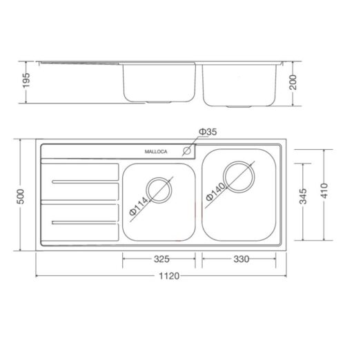 Kích thước chậu rửa bát Malloca MS 1027L NEW Cánh Trái
