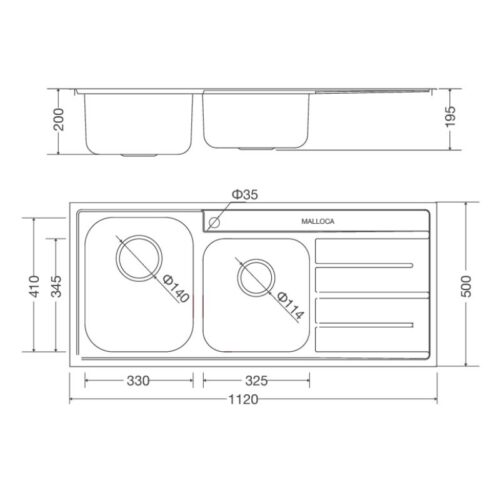 Kích thước chậu rửa bát Malloca MS 1027R New Cánh Phải