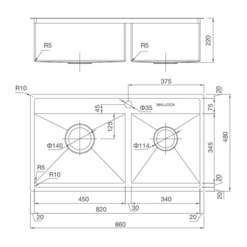 Kích thước chậu rửa bát Malloca MS 6304