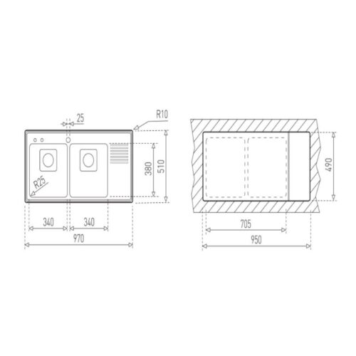 Kích thước chậu rửa Teka Frame 2B 1/2D
