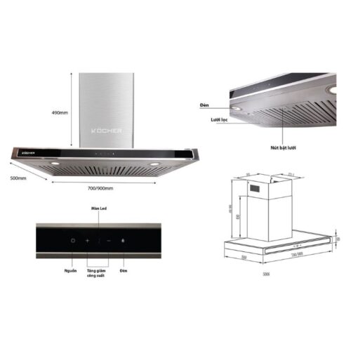Máy hút mùi Kocher K-225D (90cm) 3 Kích thước máy hút mùi Kocher K-225D (90cm)