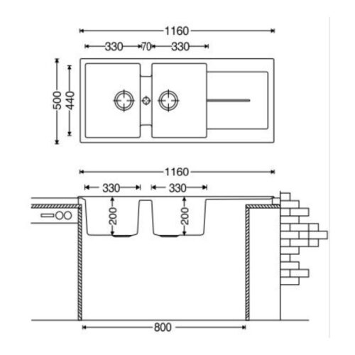 Kích thước chậu rửa chén đá Carysil ENC1