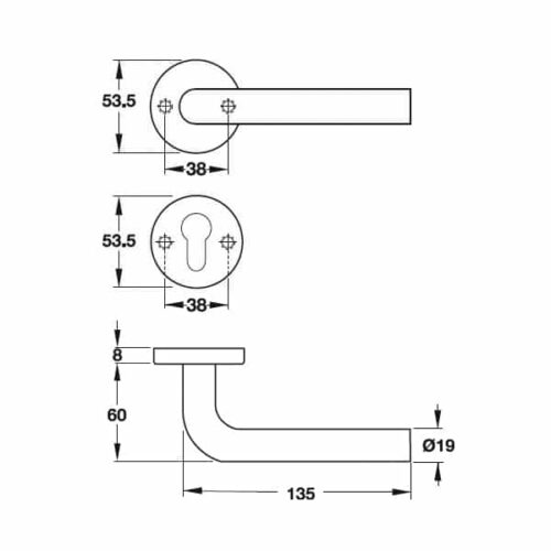 Kích thước của Tay nắm gạt cửa phòng Hafele 903.92.596