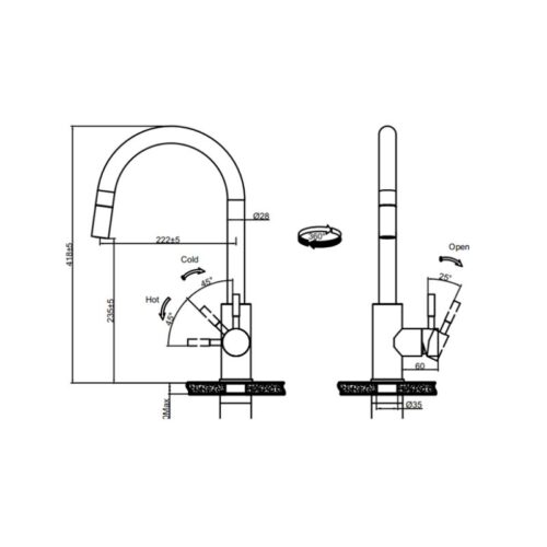 Kích thước vòi rửa bát Inox Fagor T2144-GA