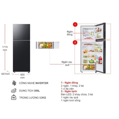 kich thuoc tu lanh 2 canh inverter 305 lit samsung rt31cg5424b1sv