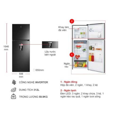 kich thuoc tu lanh 2 canh inverter 312 lit electrolux etb3440m h