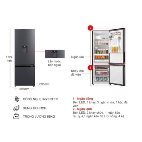 Tủ Lạnh 2 cánh Inverter 321 Lít Toshiba GR-RB405WEA-PMV(06)-MG 4 kich thuoc tu lanh 2 canh inverter 321 lit toshiba gr rb405wea pmv06 mg