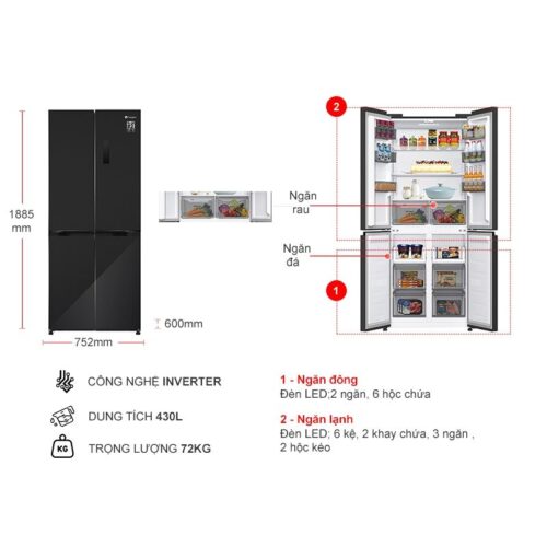 kich thuoc tu lanh 4 canh multi doors inverter 430 lit casper rm 430pb