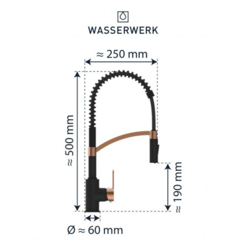 Vòi rửa bát Wasserwerk WK 3 black/rose gold with spiral spring 700557 5 kich thuoc voi rua bat wasserwerk wk 3 black rose gold with spiral spring 700557