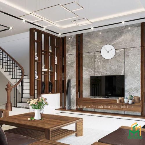 phòng khách gỗ công nghiệp