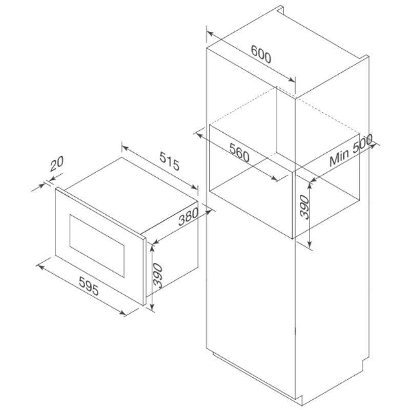 Kích thước lò vi sóng Malloca MW-927BG Kính Đen Kích thước lò vi sóng Malloca MW-927BG Kính Đen