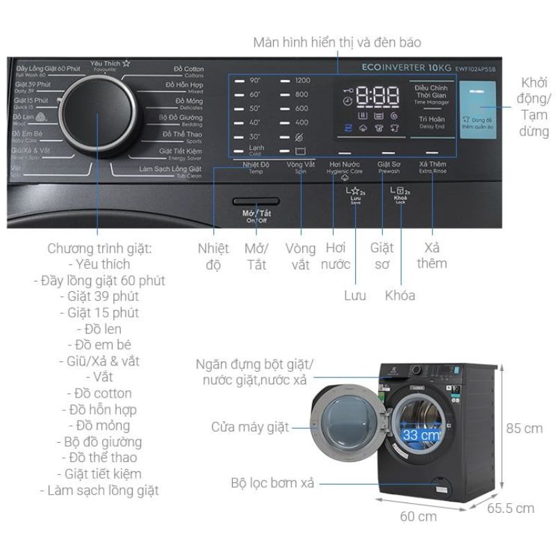 Kích thước máy Giặt Electrolux EWF1024P5SB Kích thước máy Giặt Electrolux EWF1024P5SB