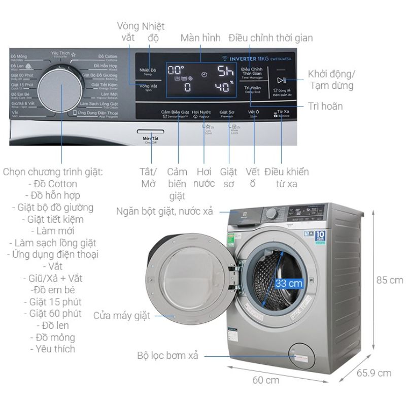 Kích thước máy giặt Electrolux EWF1142BESA Kích thước máy giặt Electrolux EWF1142BESA