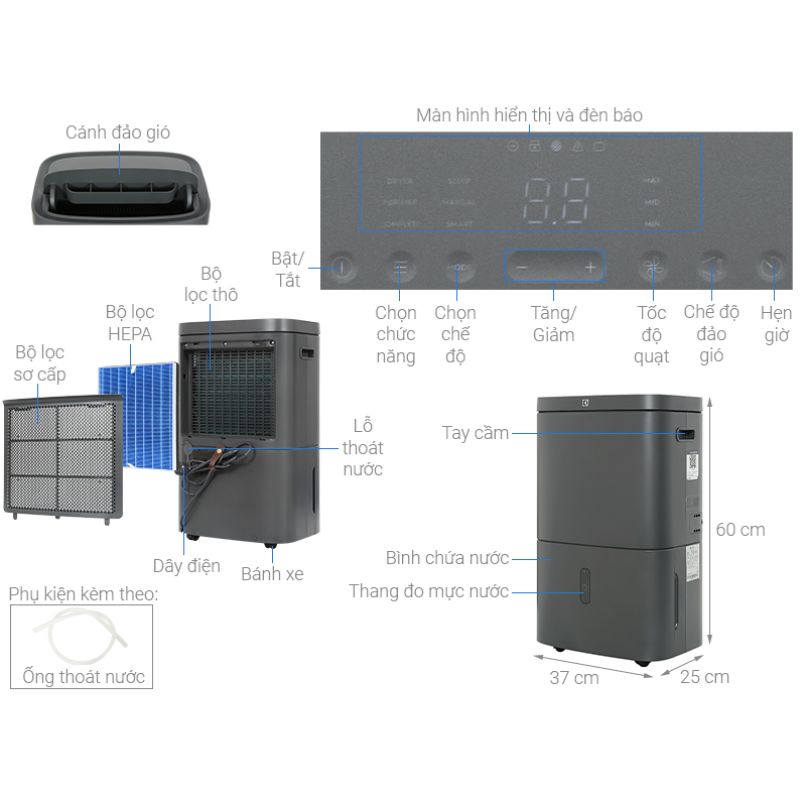 Kích thước máy hút ẩm Electrolux EDH14TRBD2 Kích thước máy hút ẩm Electrolux EDH14TRBD2