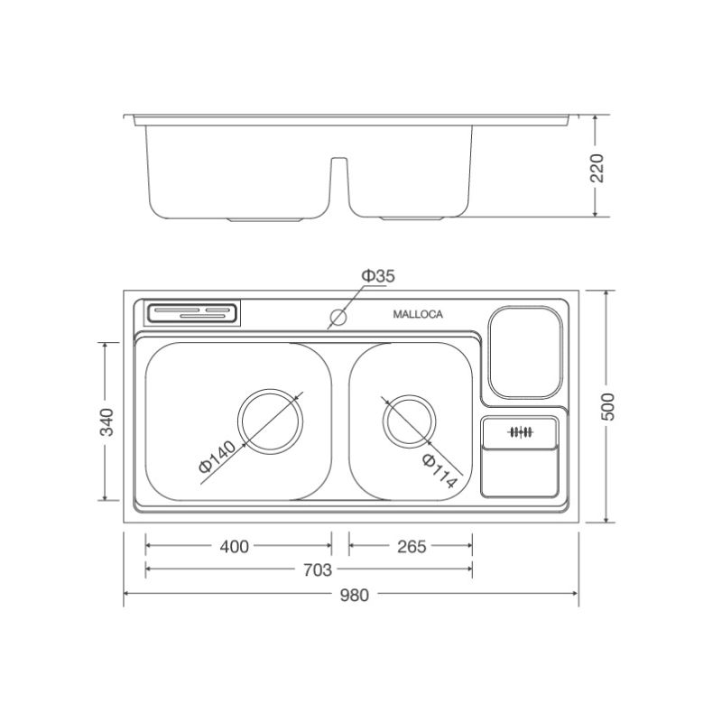 Kích thước chậu rửa bát Malloca MS 8809 Kích thước chậu rửa bát Malloca MS 8809