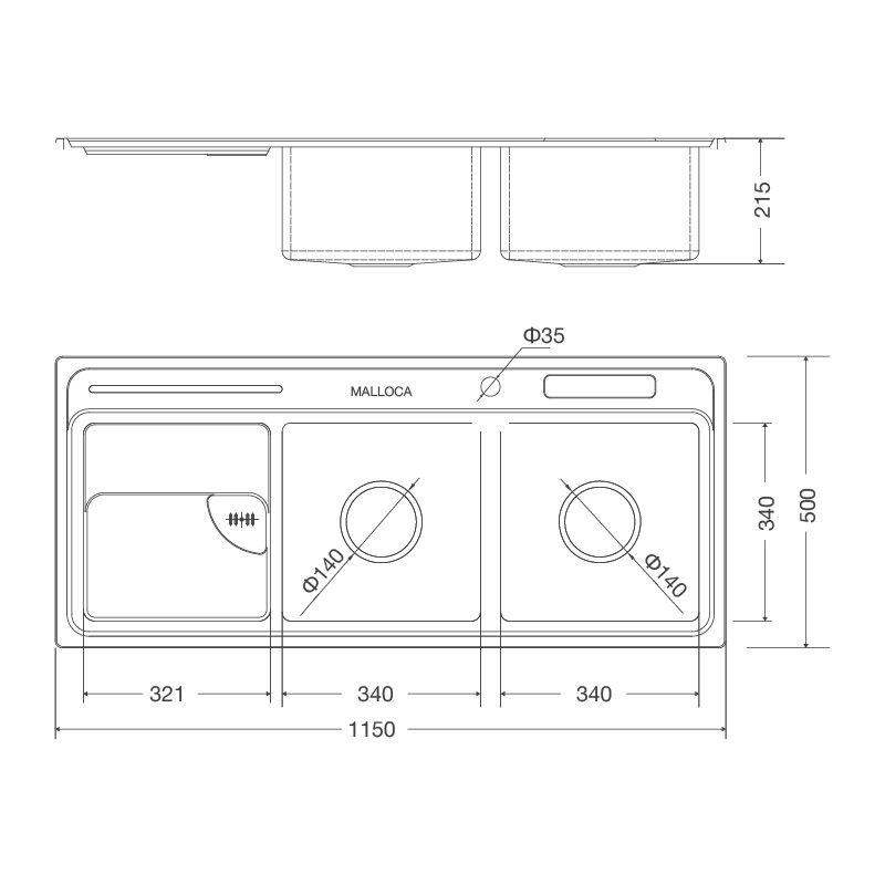 Kích thước chậu rửa bát Malloca MS 8816 Kích thước chậu rửa bát Malloca MS 8816