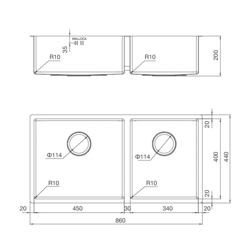 Kích thước chậu rửa chén bát thủ công Malloca MS 6065 Kích thước chậu rửa chén bát thủ công Malloca MS 6065