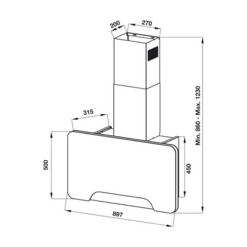 Máy hút mùi gắn tường Hafele HH-WVGS90A 533.80.203 3 kích thước của máy hút mùi gắn tường Hafele HH-WVGS90A 533.80.203