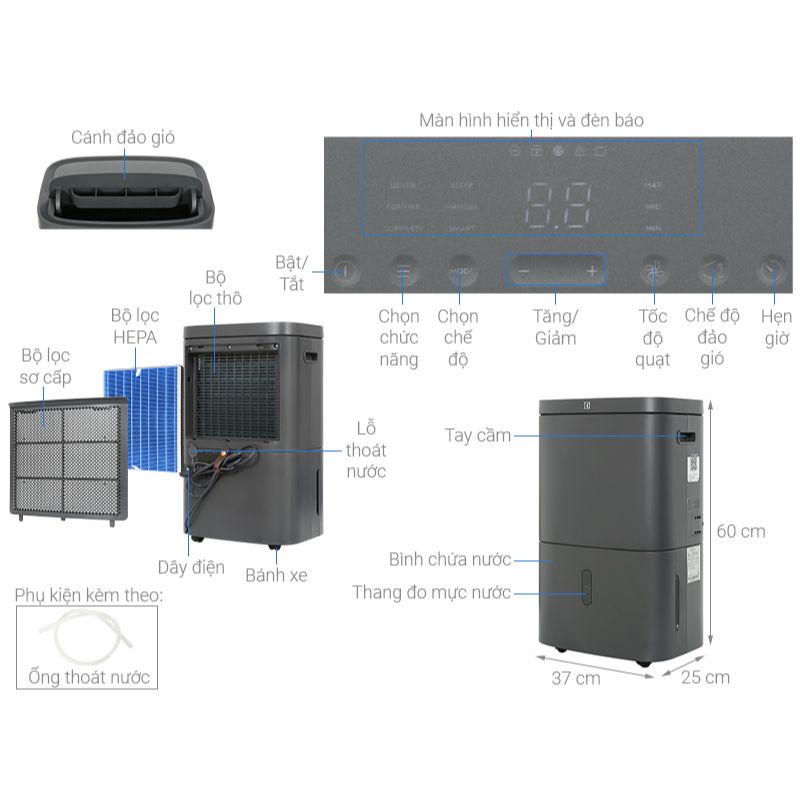 Kích thước máy hút ẩm kết hợp lọc không khí Electrolux EDH12TRBD2 Kích thước máy hút ẩm kết hợp lọc không khí Electrolux EDH12TRBD2