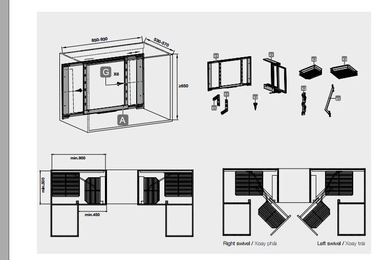 Kích thước của Bộ rổ góc gắn cánh trước, mở phải Clearance Hafele 548.21.002 Kích thước của Bộ rổ góc gắn cánh trước, mở phải Clearance Hafele 548.21.002