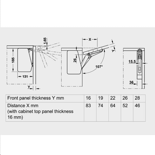 Kích thước của Bộ tay nâng Free Llap 3.15 Hafele 493.05.860 nắp xám Kích thước của Bộ tay nâng Free Llap 3.15 Hafele 493.05.860 nắp xám
