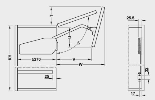 Bộ tay nâng Free Fold Short Hafele 493.05.898 3 Kích thước của Bộ tay nâng Free Fold Short Hafele 493.05.898