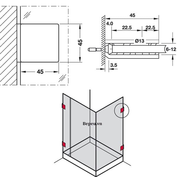 Kích thước của Kẹp kính tường 90º phòng tắm kính Hafele 981.77.918 Kích thước của Kẹp kính tường 90º phòng tắm kính Hafele 981.77.918
