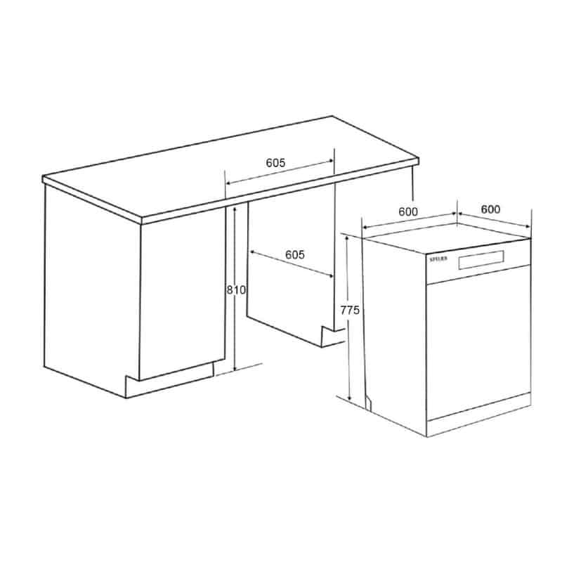 Kích thước của Máy rửa bát Spelier SP 775 DW-B 13 bộ Kích thước của Máy rửa bát Spelier SP 775 DW-B 13 bộ