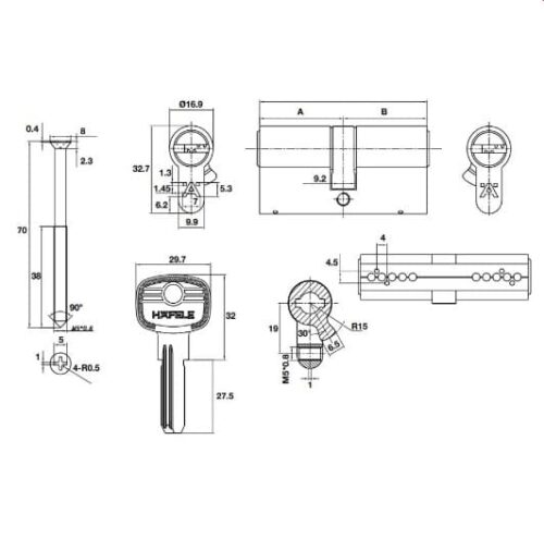 Ruột khóa 2 đầu chìa 65mm Hafele 489.56.000 3 Kích thước của Ruột khóa 2 đầu chìa 65mm Hafele 489.56.000