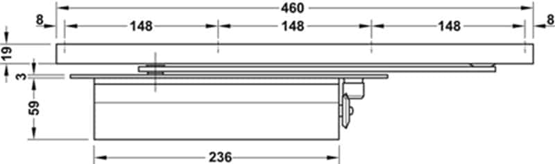 Kích thước của Tay đẩy hơi cùi chỏ âm 150Kg Hafele 931.84.006 Kích thước của Tay đẩy hơi cùi chỏ âm 150Kg Hafele 931.84.006