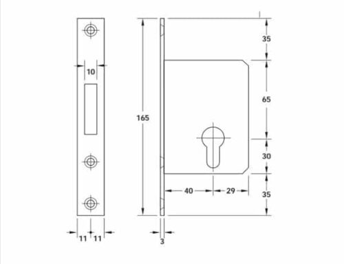 Kích thước của Thân khóa cho cửa trượt Hafele 911.27.261