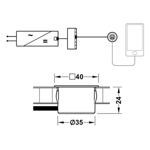 Trạm sạc USB Loox ESC 2001 Hafele 833.73.754 3 Kích thước của Trạm sạc USB Loox ESC 2001 Hafele 833.73.754