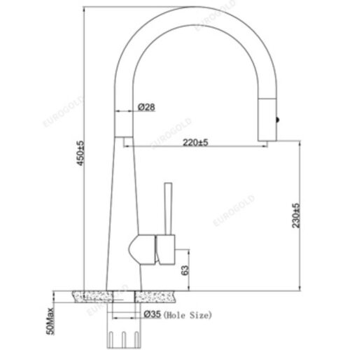 Vòi rửa bát nóng lạnh Eurogold EUF118DR có dây rút 3 Kích thước vòi rửa bát nóng lạnh Eurogold EUF118DR có dây rút