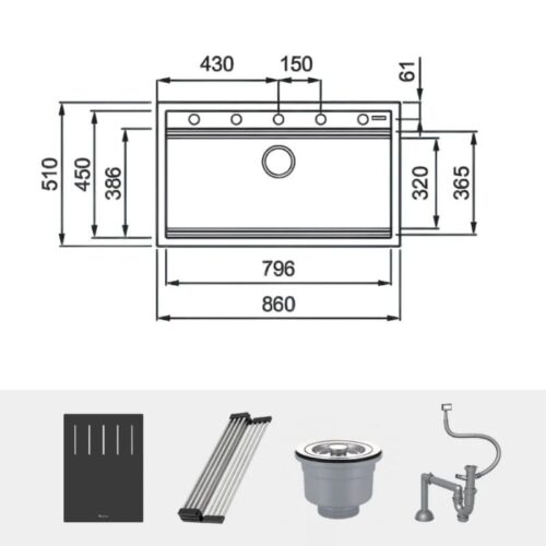 Chậu rửa bát đá 1 hố Konox Terra 860S 4 Chi tiết chậu rửa bát đá 1 hố Konox Terra 860S