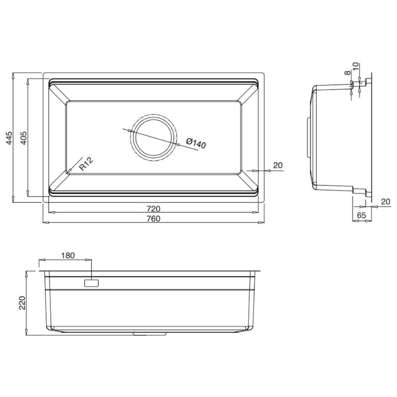 Kích thước chậu rửa bát 1 hố Kluger KWU8161FS-S76 Plus Kích thước chậu rửa bát 1 hố Kluger KWU8161FS-S76 Plus