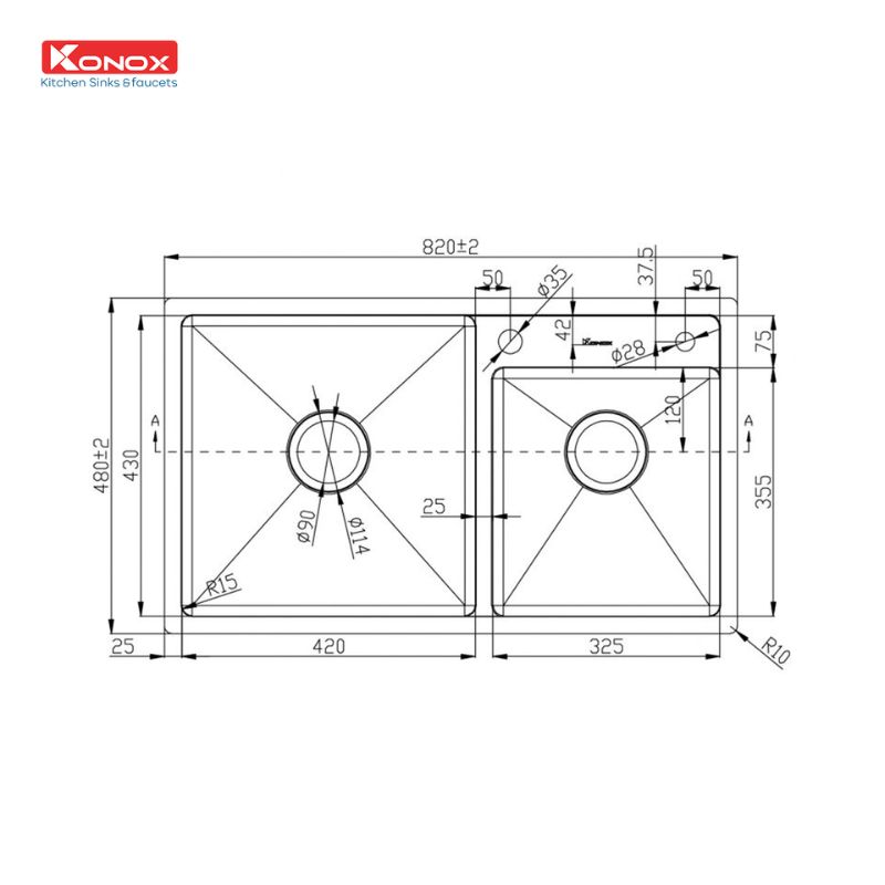Kích thước chậu rửa bát Konox Overmount Sink KN8248DO Kích thước chậu rửa bát Konox Overmount Sink KN8248DO