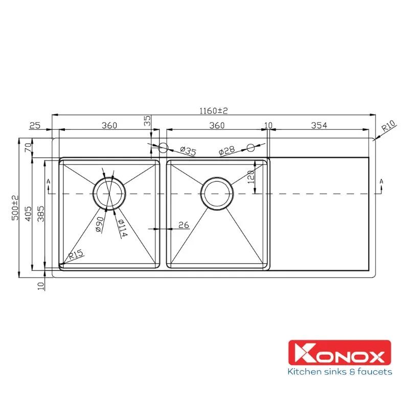 Kích thước chậu rửa bát Konox Workstation – Topmount KN11650TD Bàn phải Kích thước chậu rửa bát Konox Workstation – Topmount KN11650TD Bàn phải