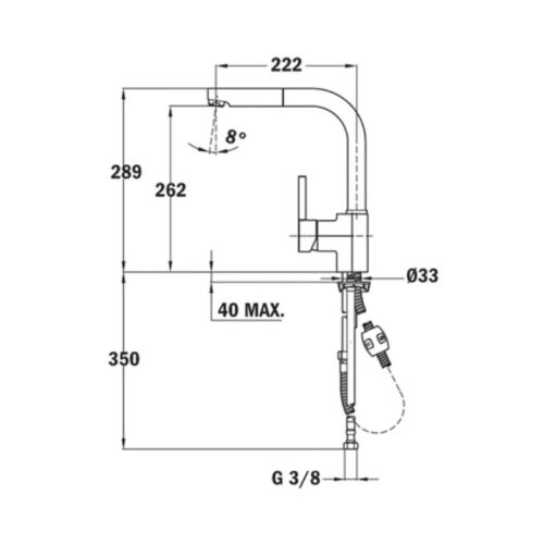 Vòi rửa bát nóng lạnh Teka MAESTRO ARK 938 239381210 có dây rút 3 Kích thước vòi rửa bát nóng lạnh Teka MAESTRO ARK 938 239381210 có dây rút