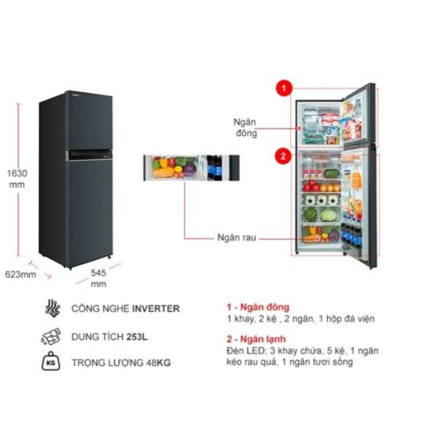 Tủ Lạnh 2 cánh Inverter 253 Lít Toshiba GR-RT329WE-PMV(52) 4 kich thuoc tu lanh 2 canh inverter 253 lit toshiba gr rt329we pmv52