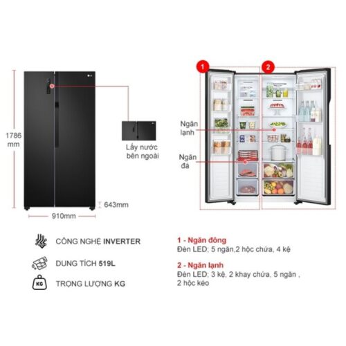 Tủ Lạnh 2 cánh side by side Inverter 519 Lít LG GR-B256BL 5 kich thuoc tu lanh 2 canh side by side inverter 519 lit lg gr b256bl