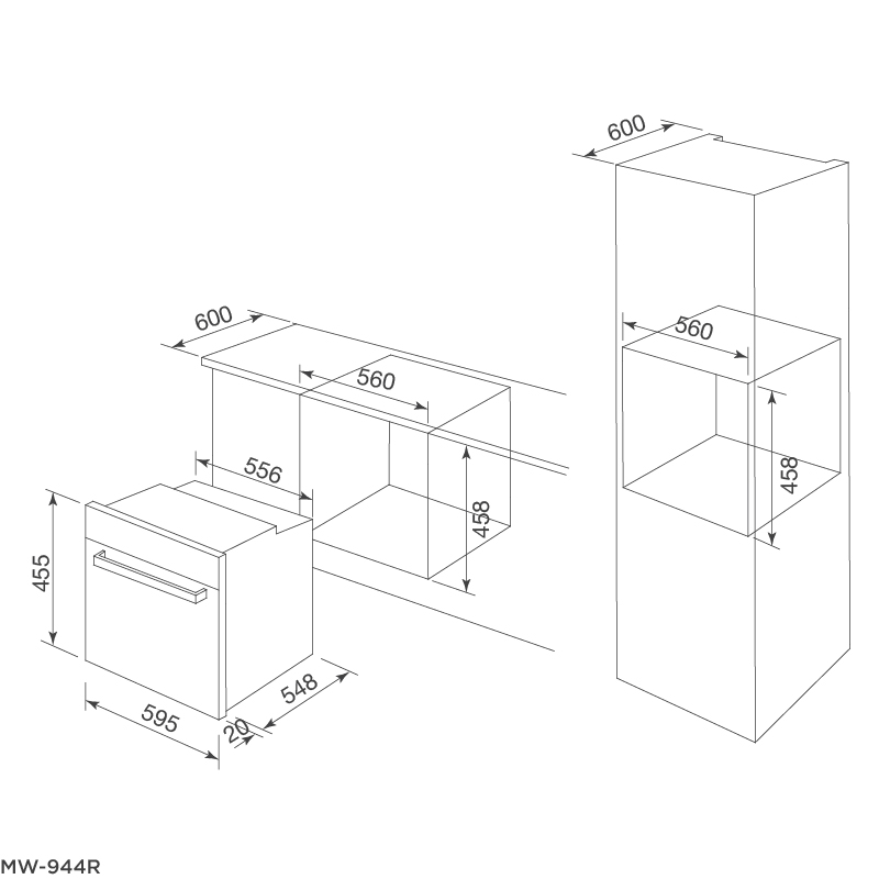 Kích thước sản phẩm lò Malloca MW-944R Kích thước sản phẩm lò Malloca MW-944R