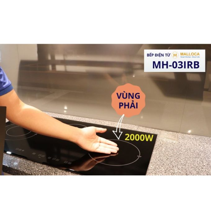 Bếp điện từ 3 vùng nấu Malloca MH-03IRB / 2 Vùng từ 1 vùng điện, kính Eurokera 9 Malloca MH-03IRB Vùng nấu từ bên phải công suất đến 2000W