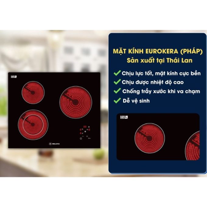 Bếp hồng ngoại 3 vùng nấu Malloca MH-03R / Mặt kính Eurokera 4 Mặt kính hồng ngoại 3 vùng nấu Malloca MH-03R